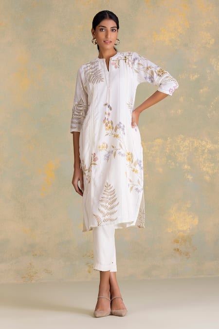Shop_Kaveri_Off White Linen Lace, Tassels Mandarin Collar Botanique Printed Kurta And Pant Set _Online_at_Aza_Fashions