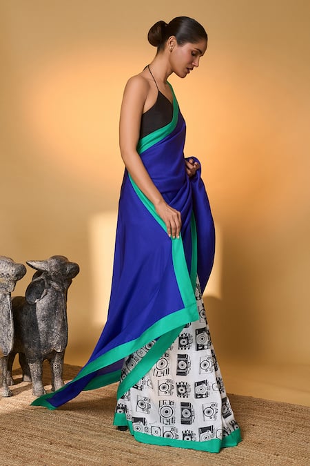 Buy_Masaba_Multi Color Silk Halter Neck Camera Print Saree With Unstitched Blouse Piece _Online_at_Aza_Fashions