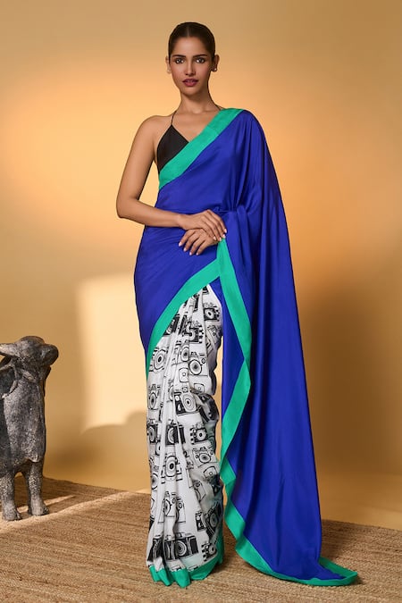 Shop_Masaba_Multi Color Silk Halter Neck Camera Print Saree With Unstitched Blouse Piece _Online_at_Aza_Fashions