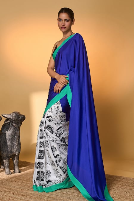 Masaba_Multi Color Silk Halter Neck Camera Print Saree With Unstitched Blouse Piece _at_Aza_Fashions