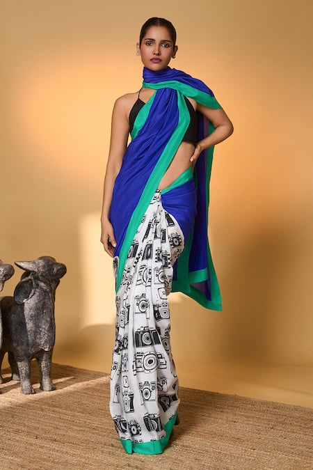 Buy_Masaba_Multi Color Silk Halter Neck Camera Print Saree With Unstitched Blouse Piece 