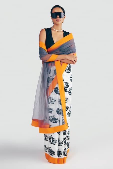 Masaba_White Silk V-neck Palm Print Saree With Unstitched Blouse Piece _Online_at_Aza_Fashions