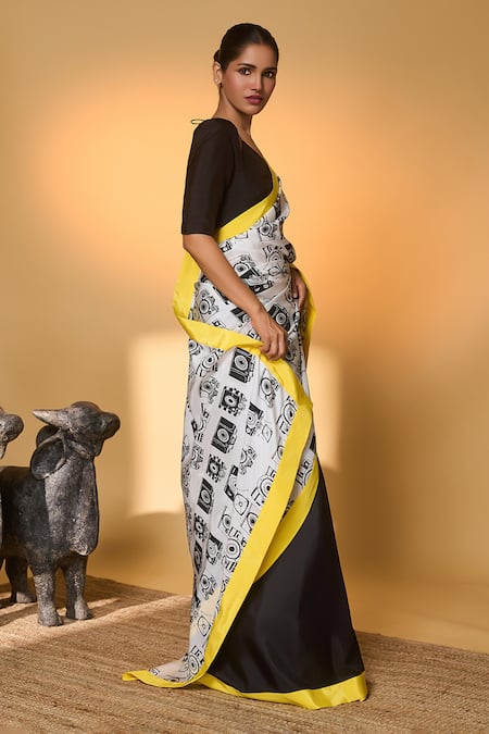 Buy_Masaba_Black Silk Embroidery Camera Print Saree With Unstitched Blouse Piece _Online_at_Aza_Fashions