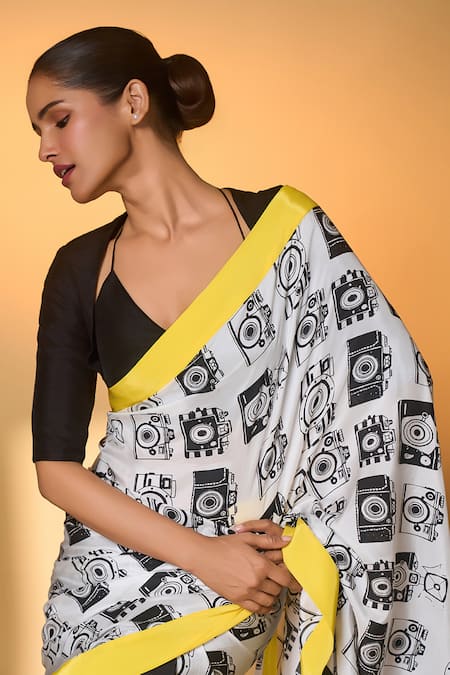 Shop_Masaba_Black Silk Embroidery Camera Print Saree With Unstitched Blouse Piece _Online_at_Aza_Fashions