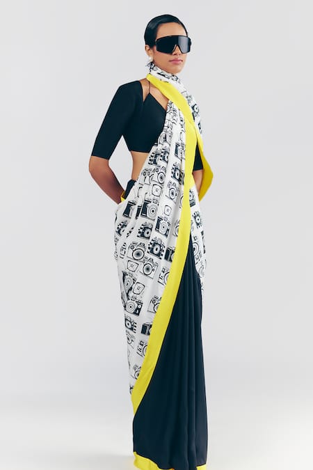 Masaba_Black Silk Embroidery Camera Print Saree With Unstitched Blouse Piece _at_Aza_Fashions