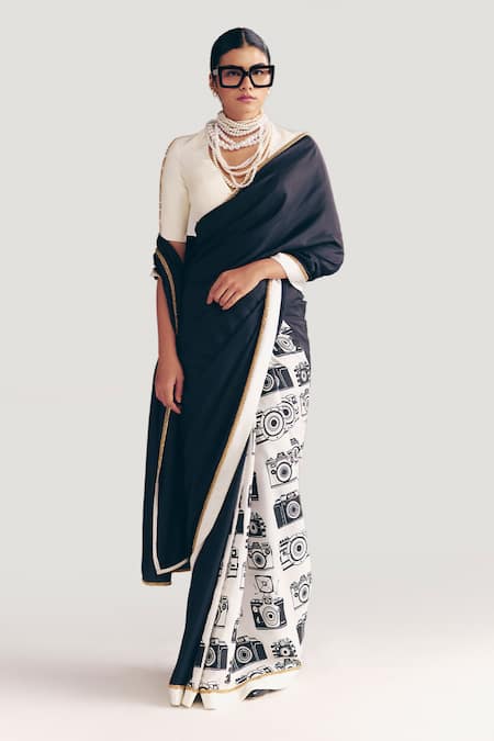 Buy_Masaba_Black Silk Embroidery V-neck Camera Print Saree With Unstitched Blouse Piece _Online_at_Aza_Fashions
