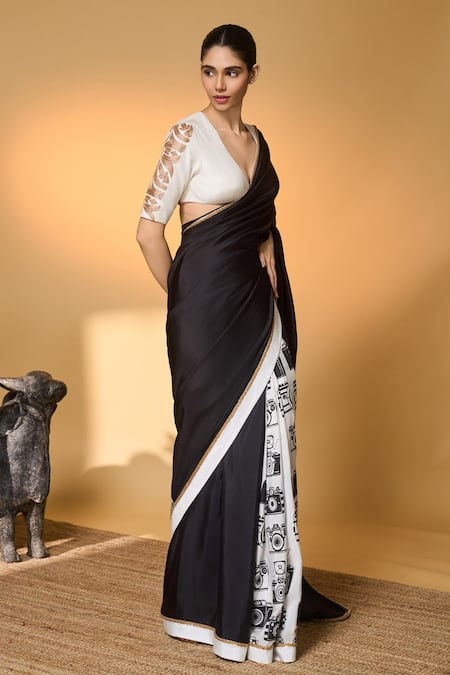 Shop_Masaba_Black Silk Embroidery V-neck Camera Print Saree With Unstitched Blouse Piece _Online_at_Aza_Fashions