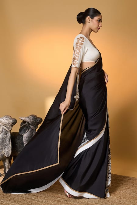 Masaba_Black Silk Embroidery V-neck Camera Print Saree With Unstitched Blouse Piece _at_Aza_Fashions