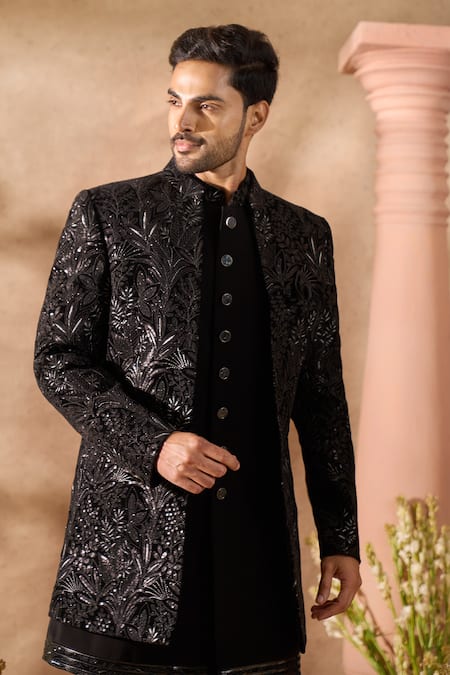Buy_Arihant Rai Sinha_Black Silk, Velvet Embroidery Thread Work Sherwani Set _Online_at_Aza_Fashions