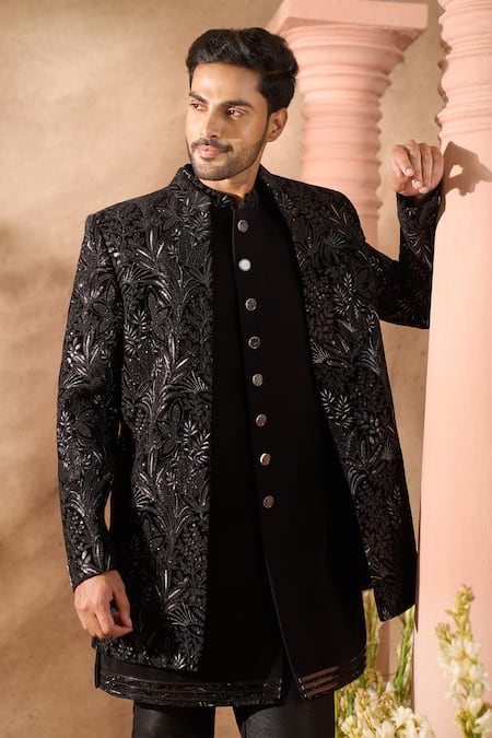 Arihant Rai Sinha_Black Silk, Velvet Embroidery Thread Work Sherwani Set _at_Aza_Fashions