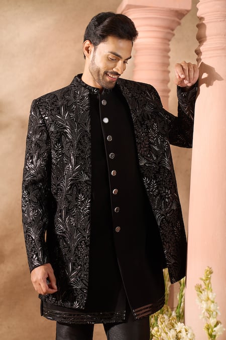 Buy_Arihant Rai Sinha_Black Silk, Velvet Embroidery Thread Work Sherwani Set 
