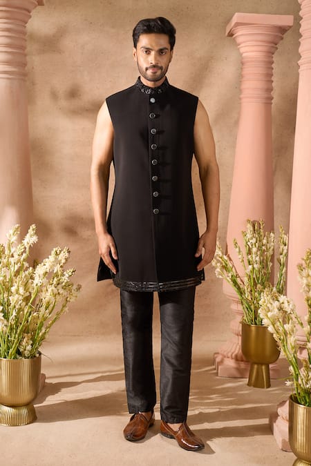 Shop_Arihant Rai Sinha_Black Silk, Velvet Embroidery Thread Work Sherwani Set 
