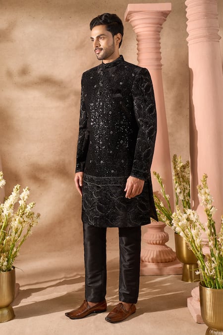 Buy_Arihant Rai Sinha_Black Silk Sequins Embellished Sherwani And Pant Set _Online_at_Aza_Fashions