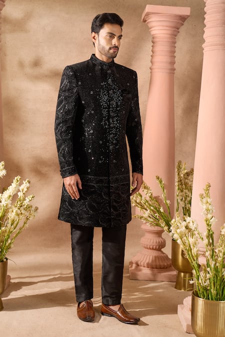 Shop_Arihant Rai Sinha_Black Silk Sequins Embellished Sherwani And Pant Set _Online_at_Aza_Fashions