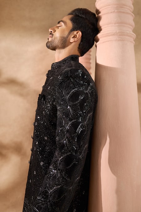 Buy_Arihant Rai Sinha_Black Silk Sequins Embellished Sherwani And Pant Set 
