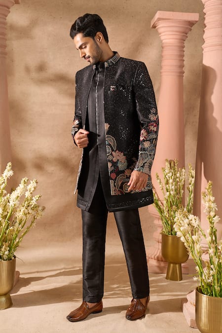 Buy_Arihant Rai Sinha_Black Silk Embroidery, Sequins Floral Pattern Sherwani Set 