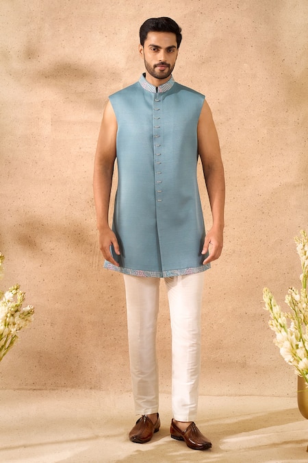 Buy Arihant Rai Sinha Blue Silk Floral Embroidered Sherwani Set Online at Aza Fashions Buy_Arihant Rai Sinha_Blue Silk Floral Embroidered Sherwani Set _Online_at_Aza_Fashions