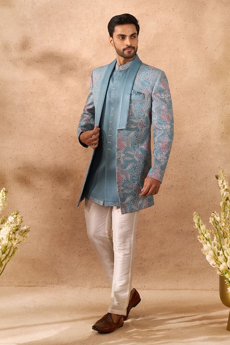 Arihant Rai Sinha Blue Silk Floral Embroidered Sherwani Set at Aza Fashions Arihant Rai Sinha_Blue Silk Floral Embroidered Sherwani Set _at_Aza_Fashions