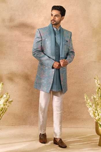 Shop Arihant Rai Sinha Blue Silk Floral Embroidered Sherwani Set Shop_Arihant Rai Sinha_Blue Silk Floral Embroidered Sherwani Set