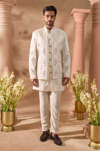 Shop_Arihant Rai Sinha_Cream Silk Embroidery Pintux Pattern Nehru Jacket Set 