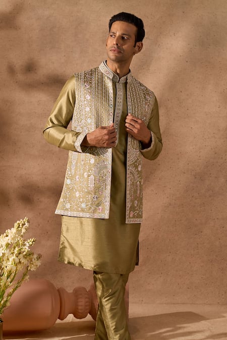 Shop_Arihant Rai Sinha_Green Silk Embroidery Nehru Jacket Set _Online_at_Aza_Fashions