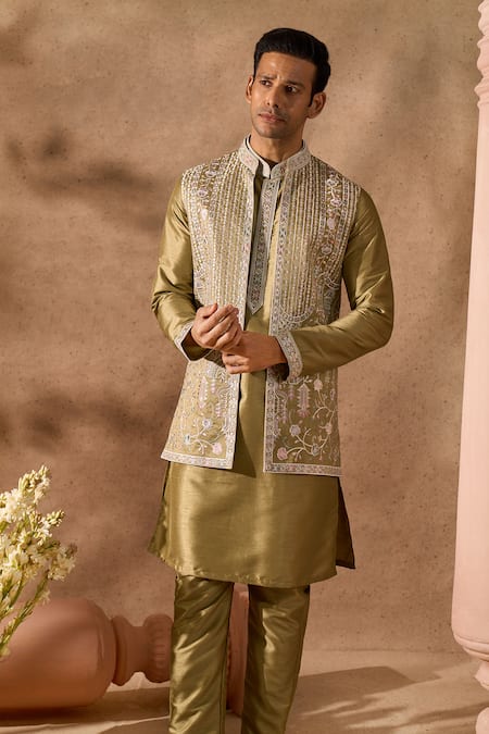 Arihant Rai Sinha_Green Silk Embroidery Nehru Jacket Set _at_Aza_Fashions