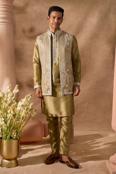 Shop_Arihant Rai Sinha_Green Silk Embroidery Nehru Jacket Set 