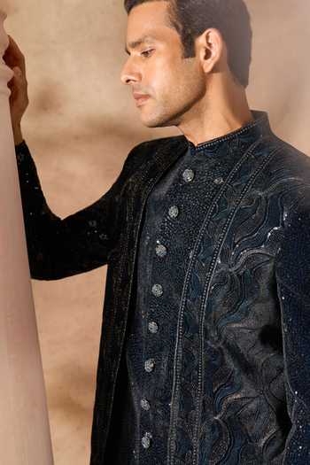 Shop Arihant Rai Sinha Green Velvet, Silk Sequins Layered Embroidered Sherwani And Pant Set Shop_Arihant Rai Sinha_Green Velvet, Silk Sequins Layered Embroidered Sherwani And Pant Set