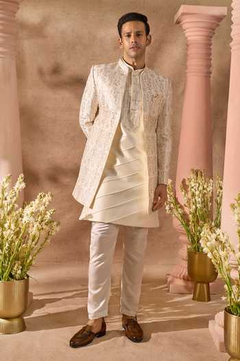 Buy Arihant Rai Sinha Cream Silk Zari Embroidered Sherwani Set Buy_Arihant Rai Sinha_Cream Silk Zari Embroidered Sherwani Set