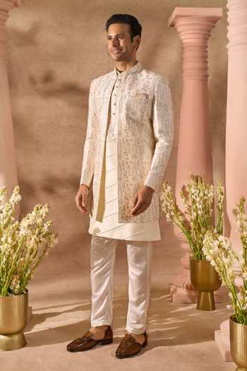 Shop Arihant Rai Sinha Cream Silk Zari Embroidered Sherwani Set Shop_Arihant Rai Sinha_Cream Silk Zari Embroidered Sherwani Set