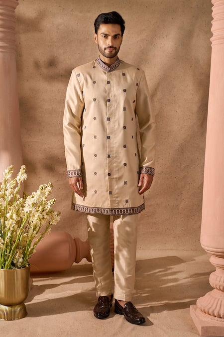 Buy_Arihant Rai Sinha_Brown Silk Embroidery Floral Stripe Nehru Jacket Set _Online_at_Aza_Fashions
