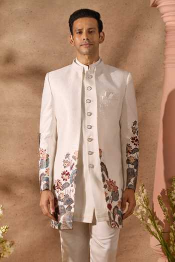 Shop Arihant Rai Sinha Cream Silk Art Sherwani Jacket And Pant Set Shop_Arihant Rai Sinha_Cream Silk Art Sherwani Jacket And Pant Set