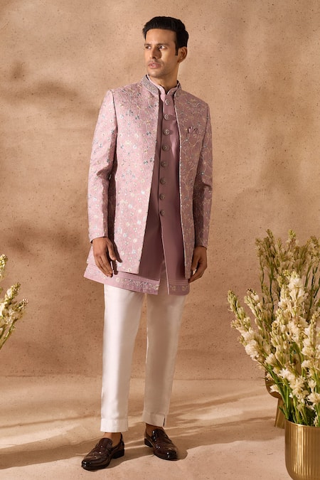 Buy_Arihant Rai Sinha_Pink Silk, Dupion Embroidery Sherwani And Kurta Set _Online_at_Aza_Fashions