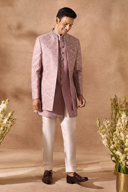 Shop_Arihant Rai Sinha_Pink Silk, Dupion Embroidery Sherwani And Kurta Set _Online_at_Aza_Fashions