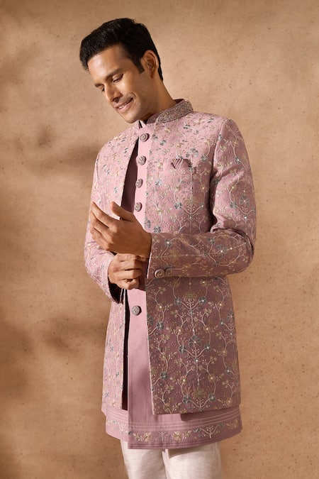 Shop_Arihant Rai Sinha_Pink Silk, Dupion Embroidery Sherwani And Kurta Set 