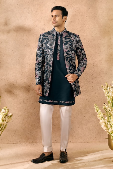 Buy Arihant Rai Sinha Blue Silk Floral Pattern Sherwani And Kurta Set Online at Aza Fashions Buy_Arihant Rai Sinha_Blue Silk Floral Pattern Sherwani And Kurta Set _Online_at_Aza_Fashions