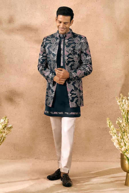 Buy Arihant Rai Sinha Blue Silk Floral Pattern Sherwani And Kurta Set Buy_Arihant Rai Sinha_Blue Silk Floral Pattern Sherwani And Kurta Set