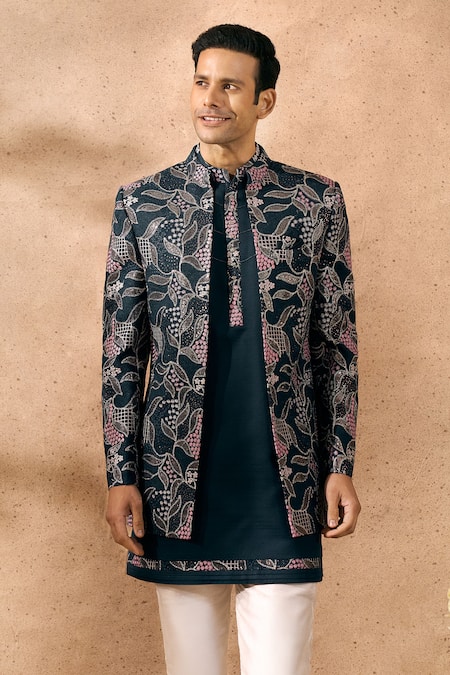 Shop Arihant Rai Sinha Blue Silk Floral Pattern Sherwani And Kurta Set Shop_Arihant Rai Sinha_Blue Silk Floral Pattern Sherwani And Kurta Set