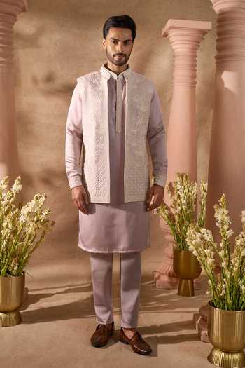 Shop Arihant Rai Sinha Purple Silk Embroidery Nehru Jacket And Kurta Set Shop_Arihant Rai Sinha_Purple Silk Embroidery Nehru Jacket And Kurta Set