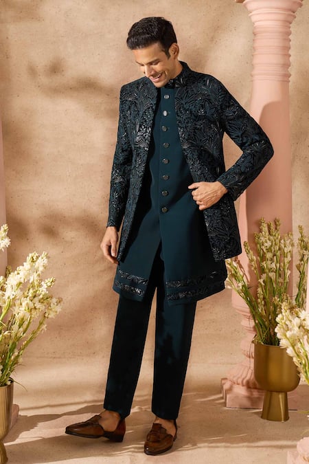Buy_Arihant Rai Sinha_Green Velvet, Silk Embroidery Sherwani Set _Online_at_Aza_Fashions
