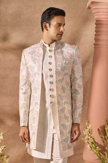 Shop Arihant Rai Sinha Off White Silk Embroidery Sherwani Jacket Set Shop_Arihant Rai Sinha_Off White Silk Embroidery Sherwani Jacket Set