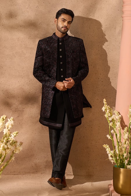 Arihant Rai Sinha Velvet Silk Embroidered Sherwani Jacket Set 