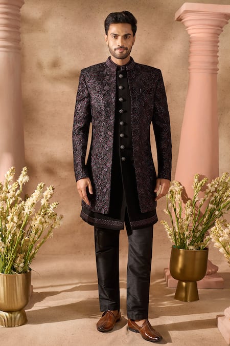 Shop Arihant Rai Sinha Black Velvet, Silk Embroidered Sherwani Jacket Set Online at Aza Fashions Shop_Arihant Rai Sinha_Black Velvet, Silk Embroidered Sherwani Jacket Set _Online_at_Aza_Fashions