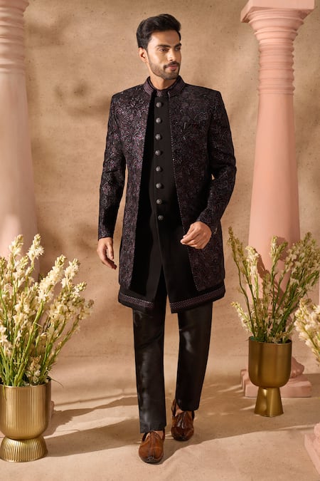 Arihant Rai Sinha Black Velvet, Silk Embroidered Sherwani Jacket Set at Aza Fashions Arihant Rai Sinha_Black Velvet, Silk Embroidered Sherwani Jacket Set _at_Aza_Fashions