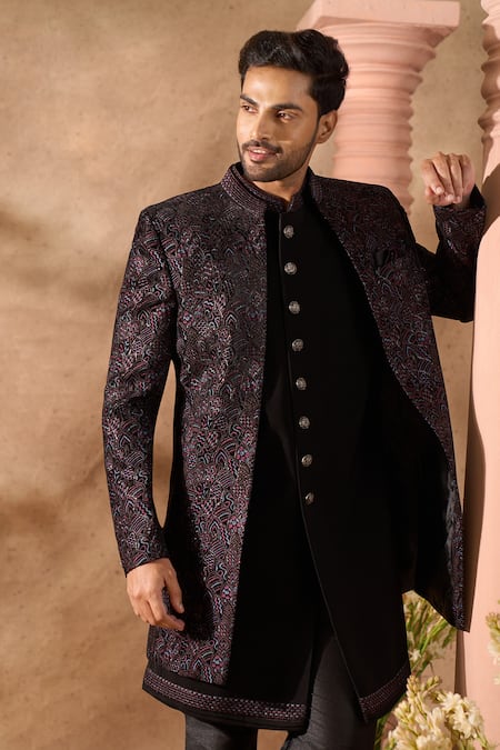 Buy Arihant Rai Sinha Black Velvet, Silk Embroidered Sherwani Jacket Set Buy_Arihant Rai Sinha_Black Velvet, Silk Embroidered Sherwani Jacket Set