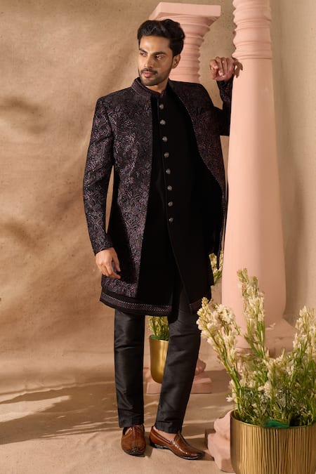 Shop Arihant Rai Sinha Black Velvet, Silk Embroidered Sherwani Jacket Set Shop_Arihant Rai Sinha_Black Velvet, Silk Embroidered Sherwani Jacket Set