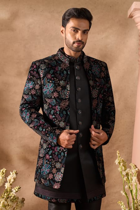 Shop Arihant Rai Sinha Black Velvet, Silk Embroidery Sherwani Set Online at Aza Fashions Shop_Arihant Rai Sinha_Black Velvet, Silk Embroidery Sherwani Set _Online_at_Aza_Fashions