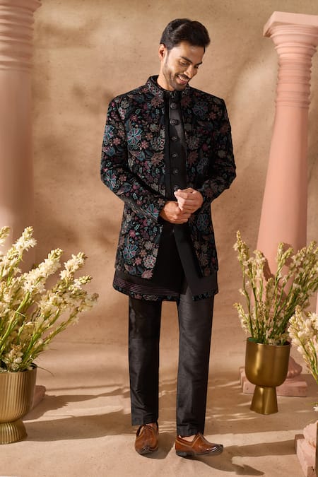 Arihant Rai Sinha Black Velvet, Silk Embroidery Sherwani Set at Aza Fashions Arihant Rai Sinha_Black Velvet, Silk Embroidery Sherwani Set _at_Aza_Fashions