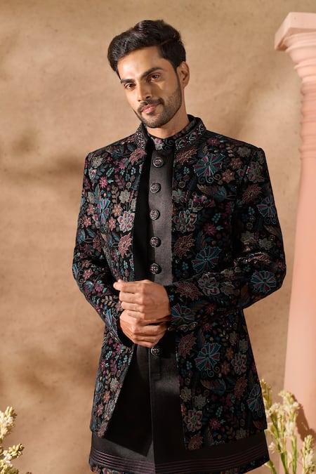 Buy Arihant Rai Sinha Black Velvet, Silk Embroidery Sherwani Set Buy_Arihant Rai Sinha_Black Velvet, Silk Embroidery Sherwani Set