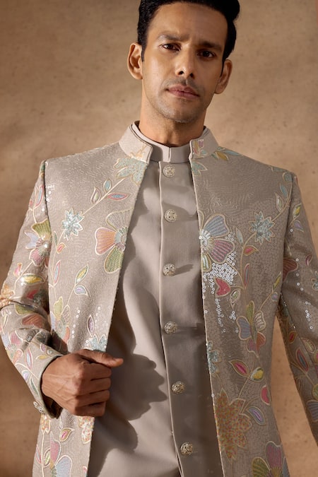 Shop_Arihant Rai Sinha_Grey Silk, Dupion Embroidery Floral Pattern Sherwani Set _Online_at_Aza_Fashions